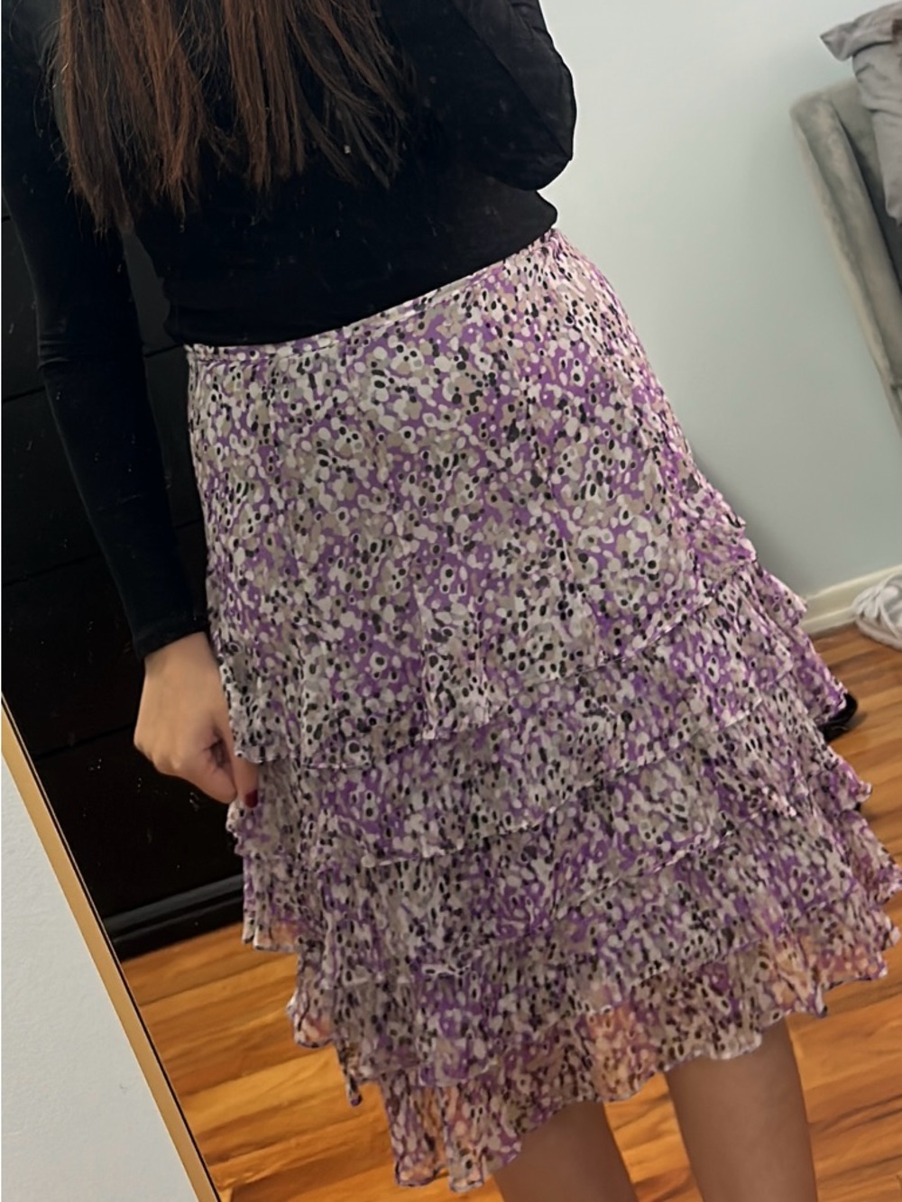 Worth Lavender Floral Tiered Ruffle Midi Skirt